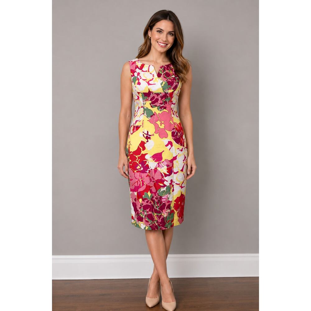 Andre Oliver Sheath Dress Womens 4 Floral Sleeveless Cotton Knee Length Fitted